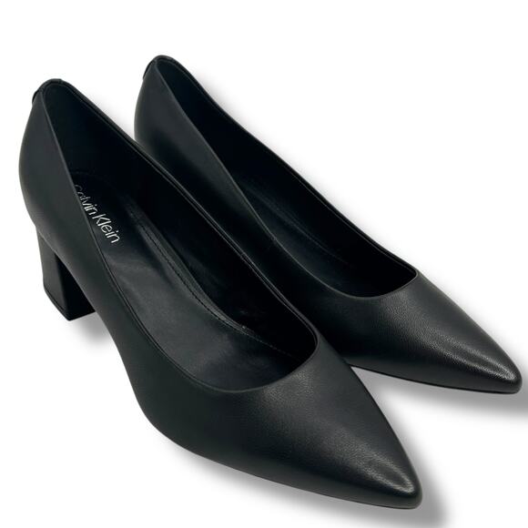 Calvin Klein Lenott Pointy Toe Block Heel Pumps Size 8.5 Black Leather Heels EUC - Picture 1 of 9
